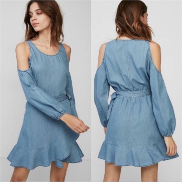 Express Cold Shoulder Cute Casual Denim Wrap Dress - Picture 6 of 6